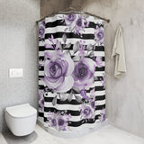 Shower Curtains-Soft Purple Floral-Black Horizontal Stripes-White