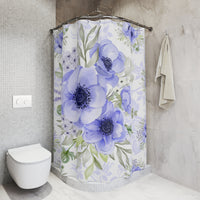 Shower Curtains-Soft Blue Floral-Blue Stencil-White