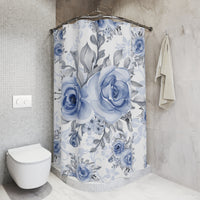 Shower Curtains-Stormy Blue-Floral Stencil-White