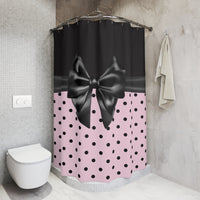 Shower Curtains-Glam Black Bow-Soft Pink-Black Polka Dots