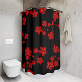 Shower Curtains-Red Floral Blossoms-Black