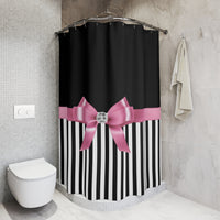 Shower Curtains-Glam Pink Bow-Black White Pinstripes-Black