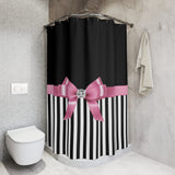 Shower Curtains-Glam Pink Bow-Black White Pinstripes-Black