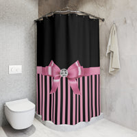 Shower Curtains-Glam Pink Bow-Pink Black Pinstripes-Black