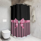 Shower Curtains-Glam Pink Bow-Pink Black Pinstripes-Black