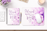 Purple floral Christian notebook and mouse pad set with Blessed Trust in the Lord design, feminine faith desk decor