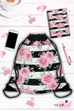 Spiral Notebook (Small) - Pretty Pink Floral Roses - Black Stripes