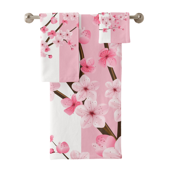 Towel Set-Pink Floral Blossoms-Pink & White