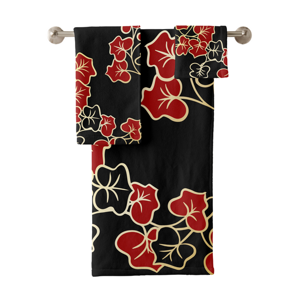 Towel Set-Elegant Red Floral-Black Gold Trim