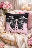 Black Satin Diamond Bow - Pink Polka Dots - Square Pillow