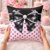 Black Satin Diamond Bow - Pink Polka Dots - Square Pillow