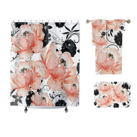 Shower Curtains-Peach Pink Floral-Black Stencil-Glitter Diamonds