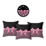 Square Pillow-Glam Pink Bow-Pink Black Pinstripes-Black