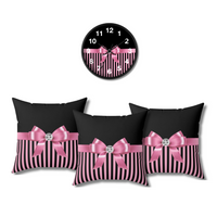 Wall Clock-Glam Pink Bow-Pink Black Pinstripes-Black