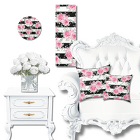 Square Pillow-Pretty Pink Floral Roses-Black Stripes