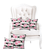 Square Pillow-Pretty Pink Floral Roses-Black Stripes