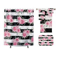 Bath Mat-Pretty Pink Floral Roses-Black Stripes