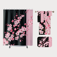 Shower Curtains-Pink Floral Blossoms-Black & Pink