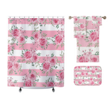 Shower Curtains-Pretty Pink Floral Roses-Pink Stripes