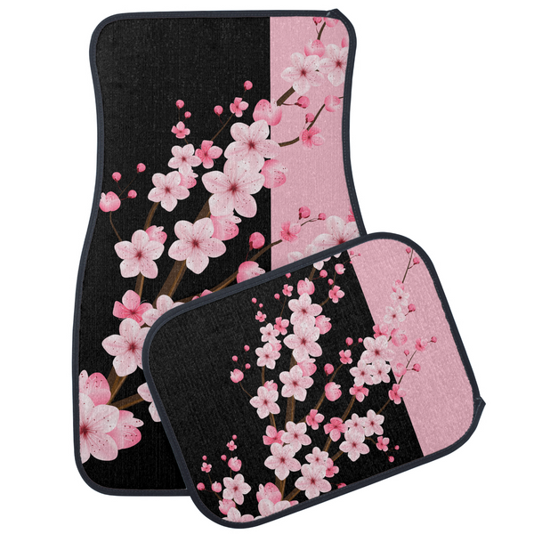 Car Mats (set of 4)-Pink Floral Blossoms-Black & Pink