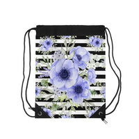 Drawstring Bag-Soft Blue Floral-Black Horizontal Stripes-White