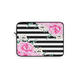 Laptop Sleeve-Magenta Pink-Floral Bash-Black Horizontal Stripes-White