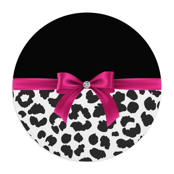 Mouse Pad-Glam Passion Pink Bow-Snow Leopard-Black