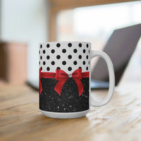 Coffee Mug 15oz-Glam Red Bow-Black Polka Dots-Black Glitter