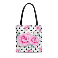 Tote Bag-Magenta Pink Floral-Black Polka Dots-White