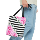 Tote Bag-Magenta Pink-Floral Bash-Black Horizontal Stripes-White