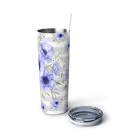 Skinny Tumbler, 20oz-Soft Blue Floral-Soft Blue Horizontal Stripes-White