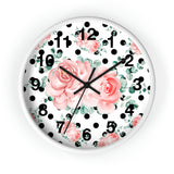 Wall Clock-Lush Pink Floral-Black Polka Dots-White