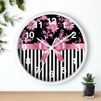 Wall clock-Glam Pink Bow-Pink Stencil-Black White Pinstripes