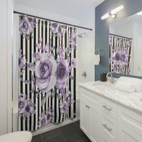 Shower Curtains-Soft Purple Floral-Black White Pinstripes