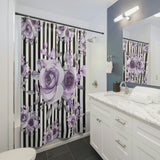 Shower Curtains-Soft Purple Floral-Black White Pinstripes