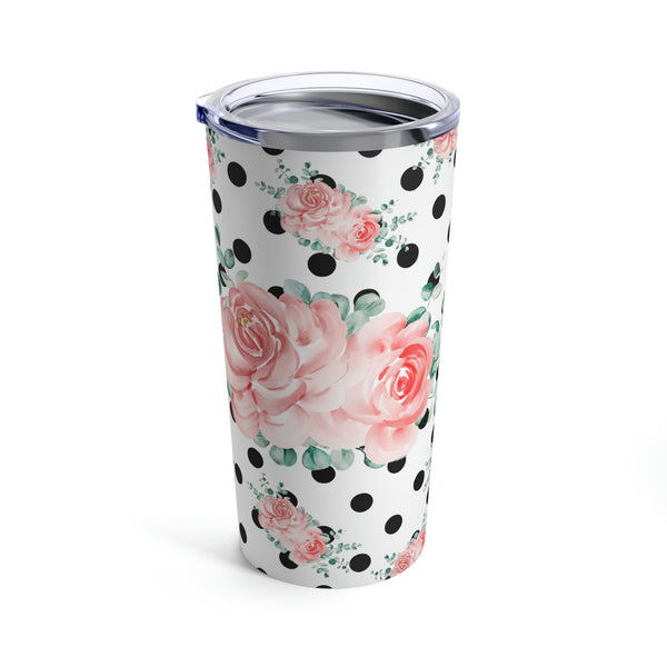 Tumbler 20oz-Lush Pink Floral-Black Polka Dots-White