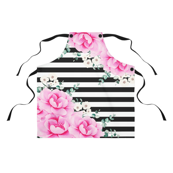 Apron-Magenta Pink-Floral Bash-Black Horizontal Stripes-White