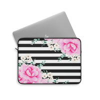 Laptop Sleeve-Magenta Pink-Floral Bash-Black Horizontal Stripes-White