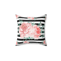 Square Pillow-Lush Pink Floral-Black Horizontal Stripes-White