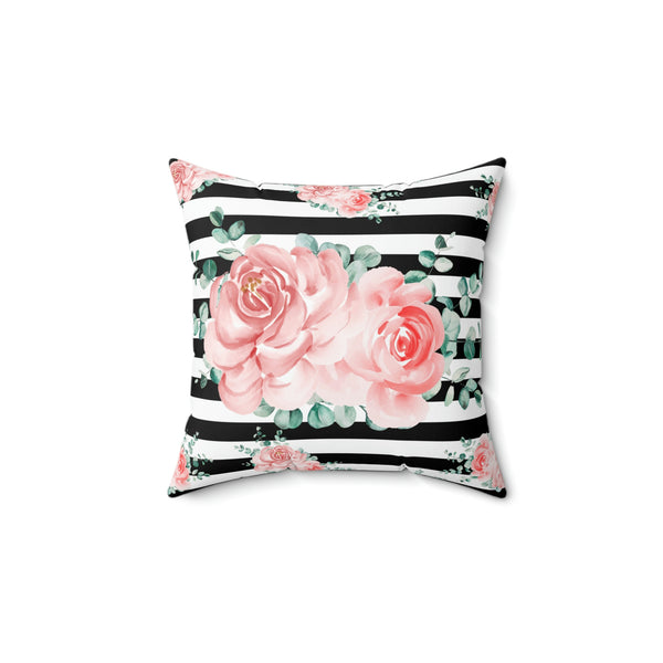 Square Pillow-Lush Pink Floral-Black Horizontal Stripes-White