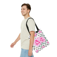 Tote Bag-Magenta Pink Floral-Black Polka Dots-White