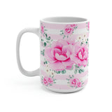 Mug 15oz-Magenta Pink Floral-Pink Horizontal Stripes-White