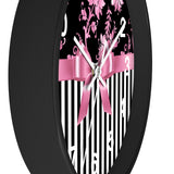 Wall clock-Glam Pink Bow-Pink Stencil-Black White Pinstripes