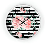 Wall Clock-Lush Pink Floral-Black Horizontal Stripes-White