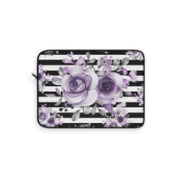 Laptop Sleeve-Soft Purple Floral-Black Horizontal Stripes-White