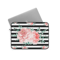 Laptop Sleeve-Lush Pink Floral-Black Horizontal Stripes-White