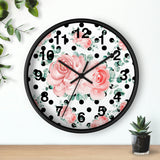 Wall Clock-Lush Pink Floral-Black Polka Dots-White