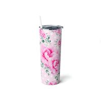 Skinny Tumbler, 20oz-Magenta Pink Floral-White Polka Dots-Pink