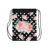 Drawstring Bag-Lush Pink Floral-White Polka Dots-Black