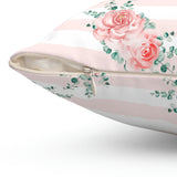 Square Pillow-Lush Pink Floral-Pink Horizontal Stripes-White